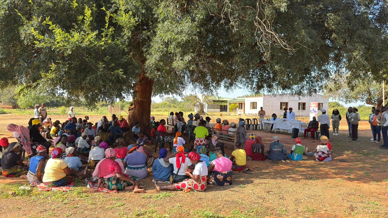 Community awareness session under a tree in Chanculo